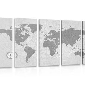 5-dielny obraz mapa sveta s kompasom v retro štýle v čiernobielom prevedení