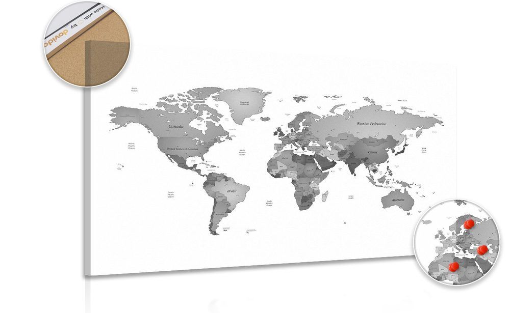 Obraz na korku mapa sveta vo farbách čiernobielej - 120x80  arrow