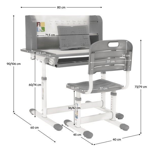Rastúci písací stôl a stolička, sivá/biela, set LERAN