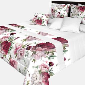 DomTextilu Prešívaný prehoz na posteľ v bielej farbe s dokonalou potlačou ružových a bordových pivonií Šírka: 220 cm | Dĺžka: 240 cm 65859-239517