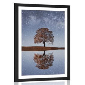 Plagát s paspartou hviezdna obloha nad osamelým stromom - 30x45 black