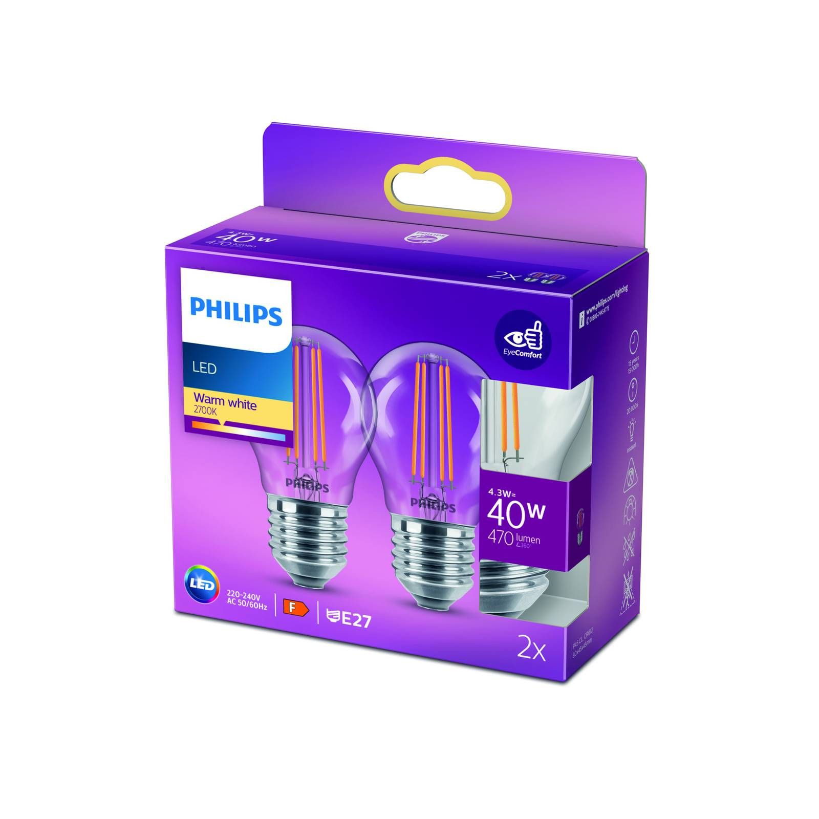 Philips LED žiarovka E27 4, 3 W filament 2700K 2ks, sklo, E27, 4.3W, Energialuokka: E, P: 8 cm