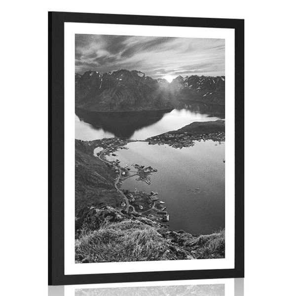 Plagát s paspartou očarujúca horská panoráma so západom slnka  v čiernobielom prevedení - 30x45 white