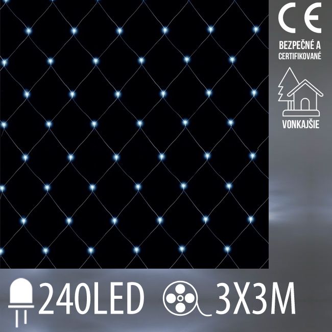 Vianočná LED svetelná sieť vonkajšia - 240LED - 3x3 m Studená biela
