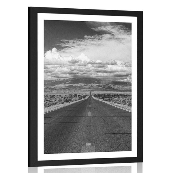 Plagát s paspartou čiernobiela cesta v púšti - 60x90 white