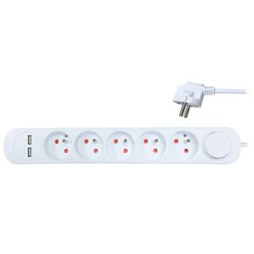 Solight prodlužovací přívod, 5 zásuvek, USB 2.4A, bílý, 3 x 1mm2, vypínač, 3m PP152USB