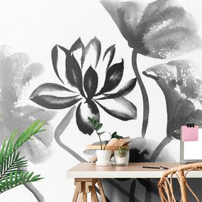 Samolepiaca tapeta akvarelový čiernobiely lotosový kvet - 450x300