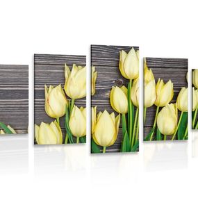 5-dielny obraz očarujúce žlté tulipány na drevenom podklade