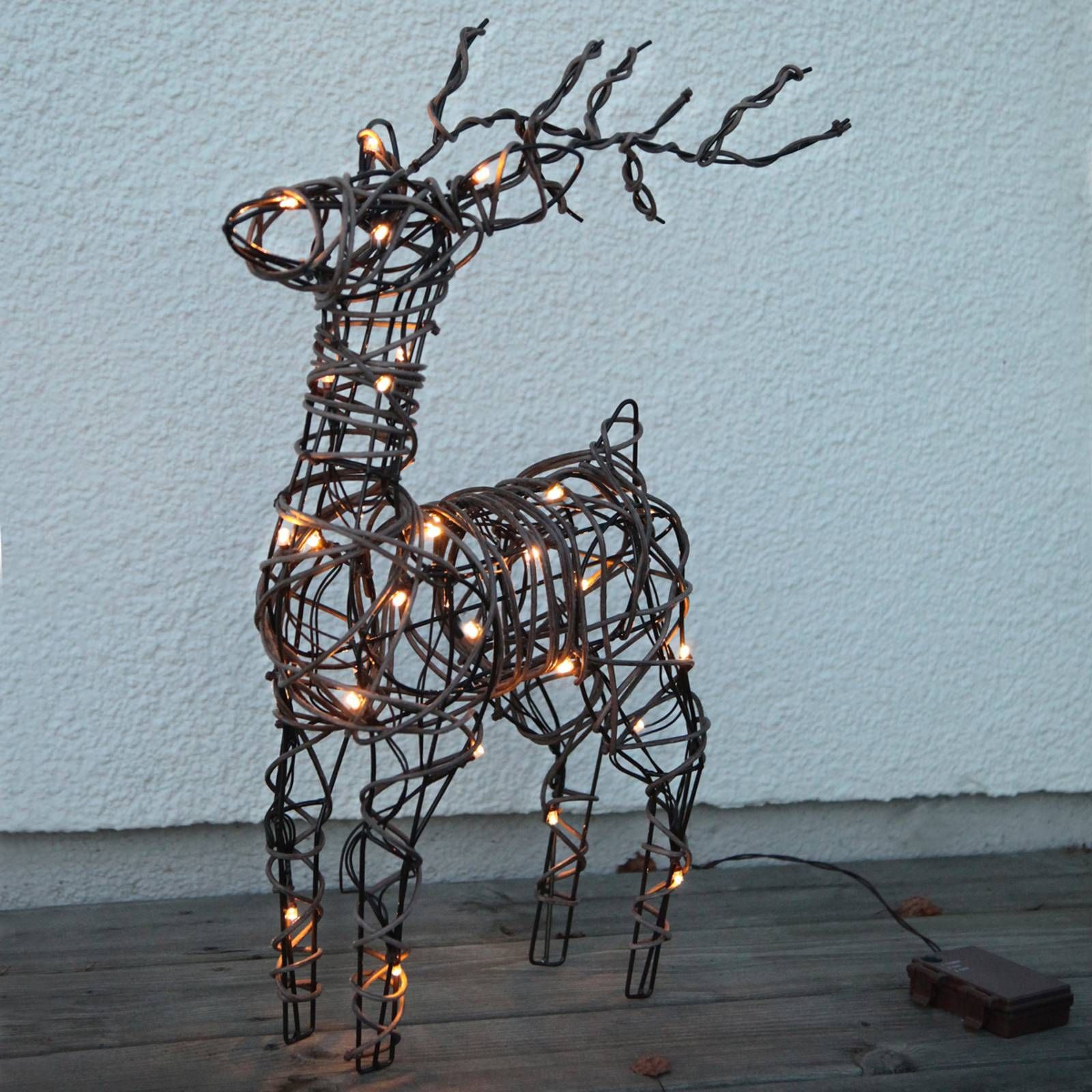 STAR TRADING Vonkajšie LED deko Deer vzhľad hnedý ratan batéria, kov, plast, 0.06W, L: 36 cm, K: 50cm