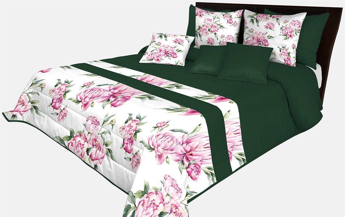 DomTextilu Prehoz na posteľ v krásnej tmavo zelenej farbe s potlačou ružových kvetín a zelených listov Šírka: 170 cm | Dĺžka: 210 cm 65869-239585
