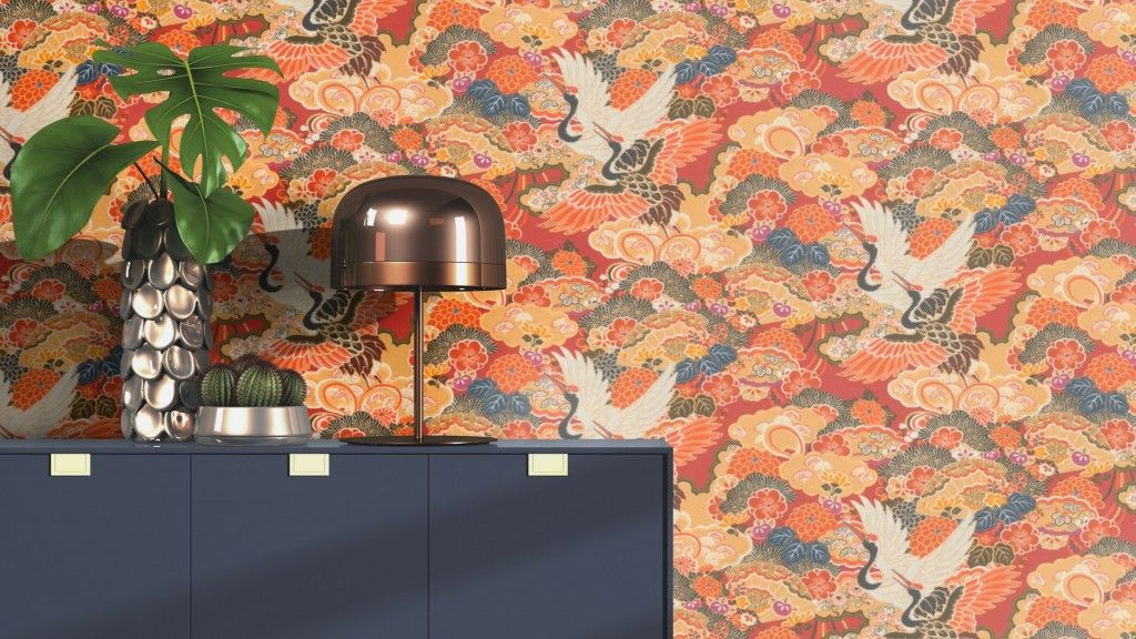 409345 Rasch orientálná látková vliesová tapeta na stenu Kimono 2023 volavky, veľkosť 10,05 m x 53 cm