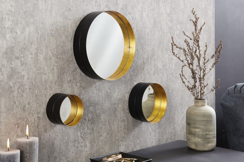 Estila Art deco sada troch okrúhlych závesných zrkadiel Marill s čierno zlatými kovovými rámami 25cm