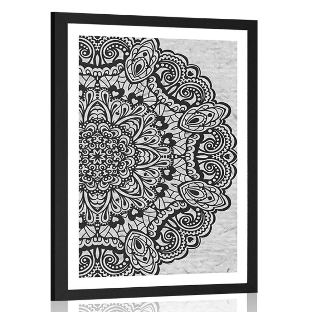 Plagát s paspartou kvetinová Mandala v čiernobielom prevedení - 60x90 black