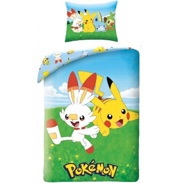 Halantex · Bavlnené posteľné obliečky Pokémoni - motív Scorbunny a Pikachu - 100% bavlna - 70 x 90 cm + 140 x 200 cm