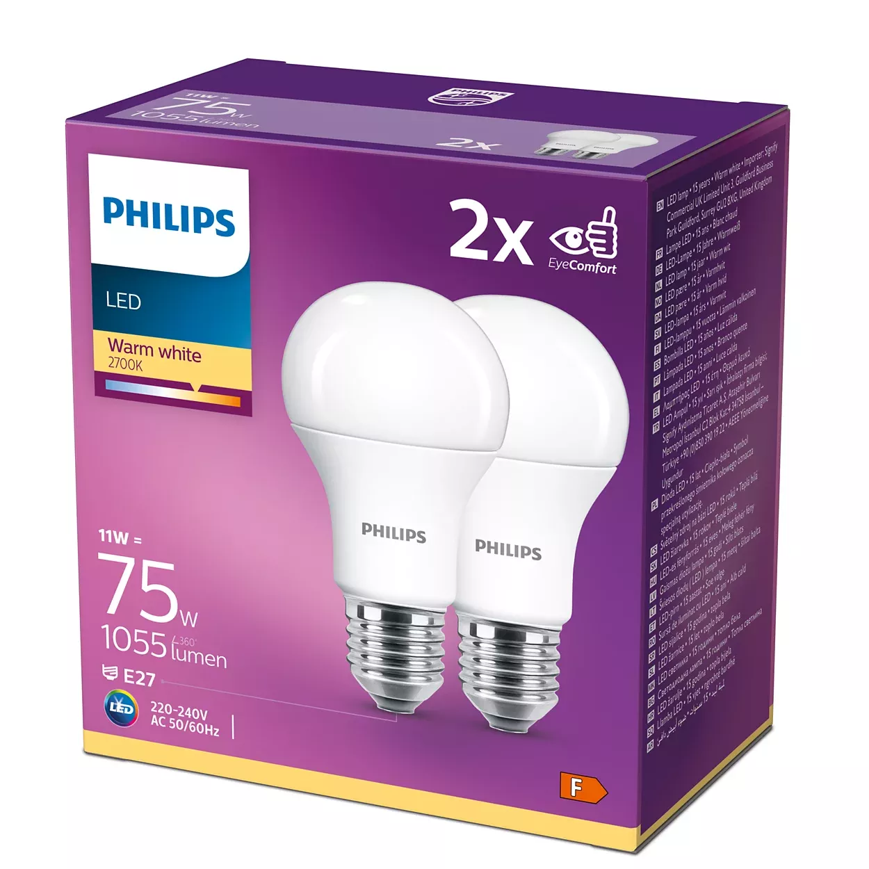 Philips LED 11W/75W 1055lm A60 E27 2700K WW 230V FR ND 2-set