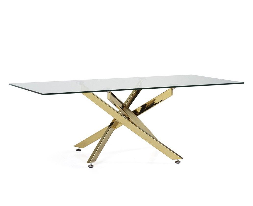 Estila Glamour konferenčný stolík Brilia so zlatou kovovou konštrukciou a obdĺžnikovou sklenenou doskou 120cm