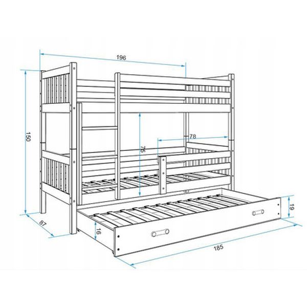 Detská posteľ CARINO s výsuvnou posteľou 80x190 cm - borovica Zelená