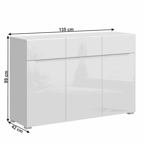 Tempo Kondela Komoda 3D3S, biela/biely extra vysoký lesk HG, JOLK