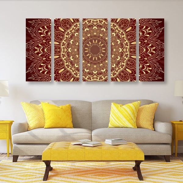 5-dielny obraz zlatá Mandala na bordovom pozadí - 200x100