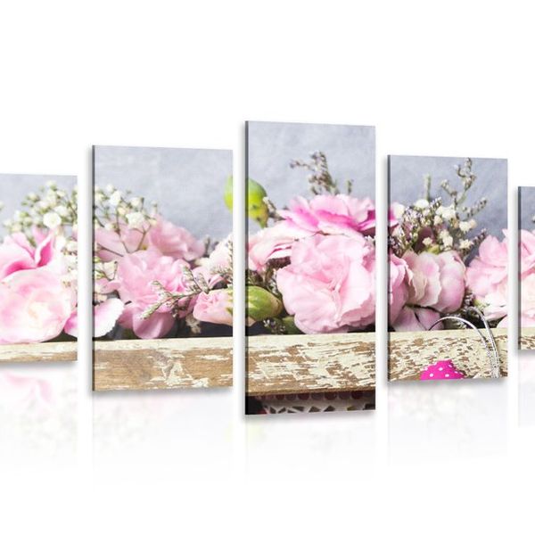 5-dielny obraz kvety karafiátu v drevenej bedničke - 100x50