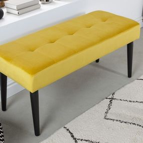 Estila Dizajnová moderná lavica Soreli obdĺžnikového tvaru so žltým čalúnením a čiernymi nohami z kovu 95cm