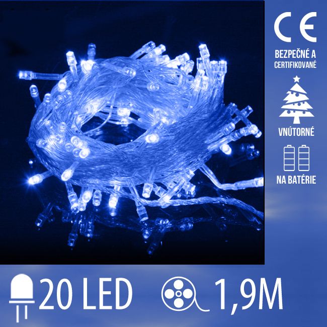 Vianočná LED svetelná reťaz vnútorná na batérie s priesvitným káblom - 20LED - 1,9M Modrá