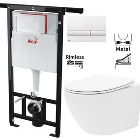 ALCADRAIN Jádromodul - predstenový inštalačný systém s bielym tlačidlom M1710 + WC REA Carlo Flat Mini Rimlesss + SEDADLO AM102/1120 M1710 CF1