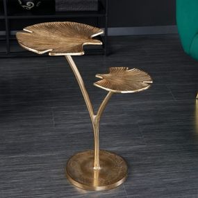 Estila Dizajnový príručný stolík Ginko v art deco štýle s dvoma doskami v tvare listu v zlatej farbe 56cm