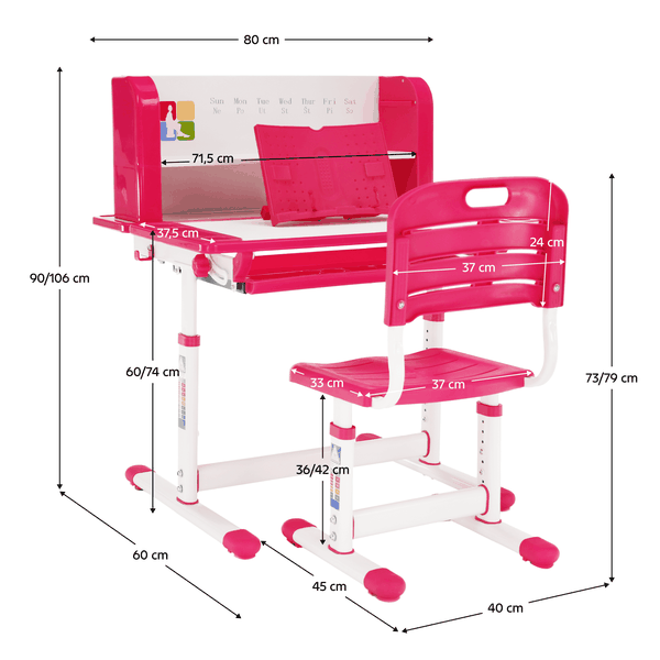 Rastúci písací stôl a stolička, ružová/biela, set LERAN