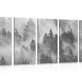 5-dielny obraz hory v hmle v čiernobielom prevedení - 100x50