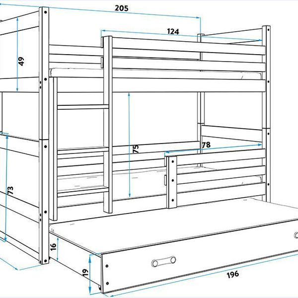 Poschodová posteľ s prístelkou RICO 3 - 200x90cm - Grafitový - Grafitový