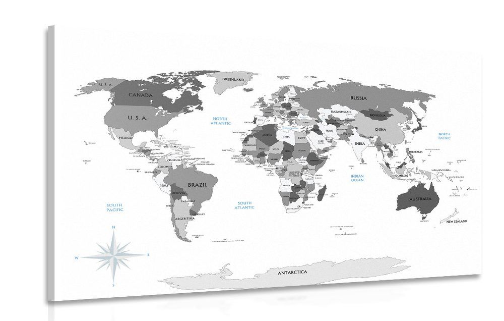 Obraz čiernobiela mapa s modrým kontrastom