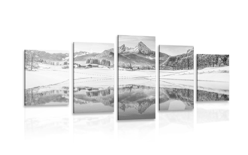 5-dielny obraz zasnežená krajina v Alpách v čiernobielom prevedení - 200x100