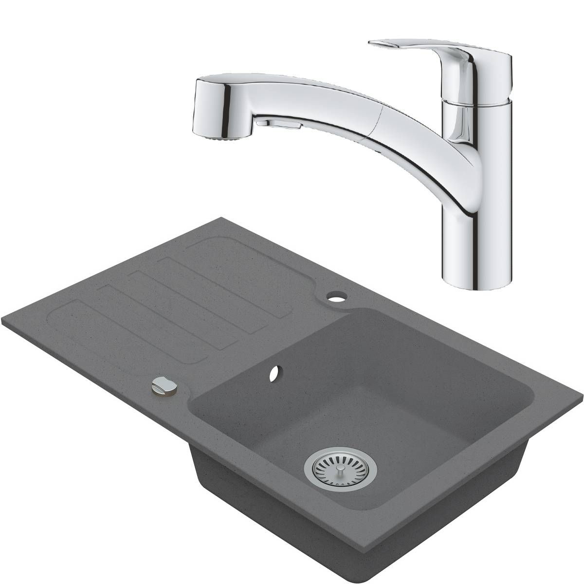 VIMA Drezový set Grohe 5/C- Granitový drez, s odkvapávacou plochou, 78x48cm, Sivá + Drezová batéria Grohe Eurosmart