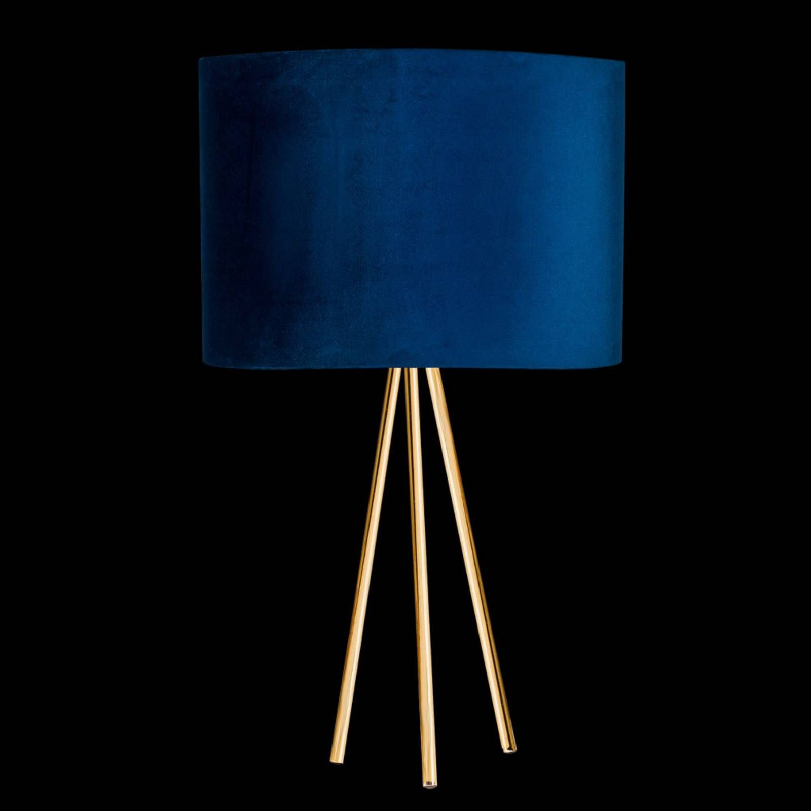 Euluna Stolová lampa Monaco, trojnožka zlatá, modrý zamat, Obývacia izba / jedáleň, zamat, oceľ, E27, 40W, K: 58cm