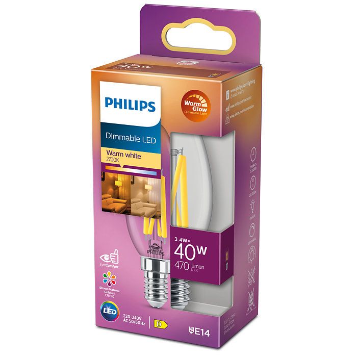 Philips 8719514324213 LED žiarovka E14 3,4W/40W 470lm 2200-2700K B35 sviečka filament WarmGlow Dimmable