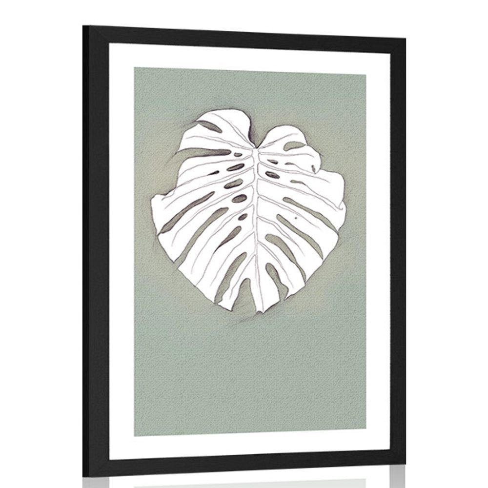 Plagát s paspartou monstera na zelenom podklade - 60x90 black