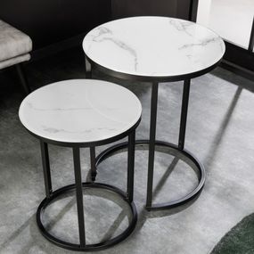 Estila Dizajnový okrúhly set príručných stolíkov Industria Marbleux v modernom štýle v prevedení biely mramor 60cm