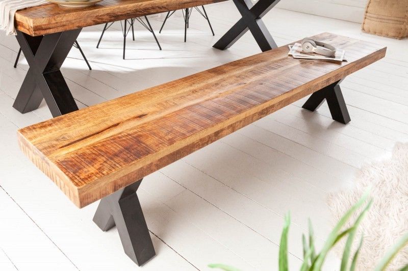 Estila Industriálna moderná lavica Steele Craft z masívneho mangového dreva hnedej farby a s čiernymi prekríženými nohami 160cm