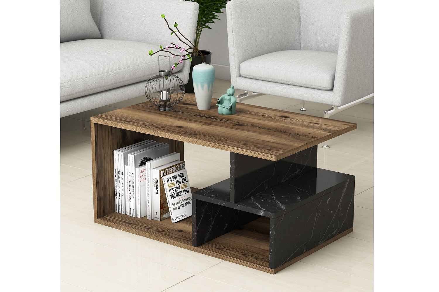Dizajnový konferenčný stolík Vanya 90 cm orech / čierny mramor