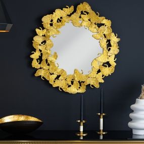 Estila Glamour okrúhle nástenné zrkadlo Ginko v zlatom prevedení s ozdobným kovovým rámom z listov ginka 70cm
