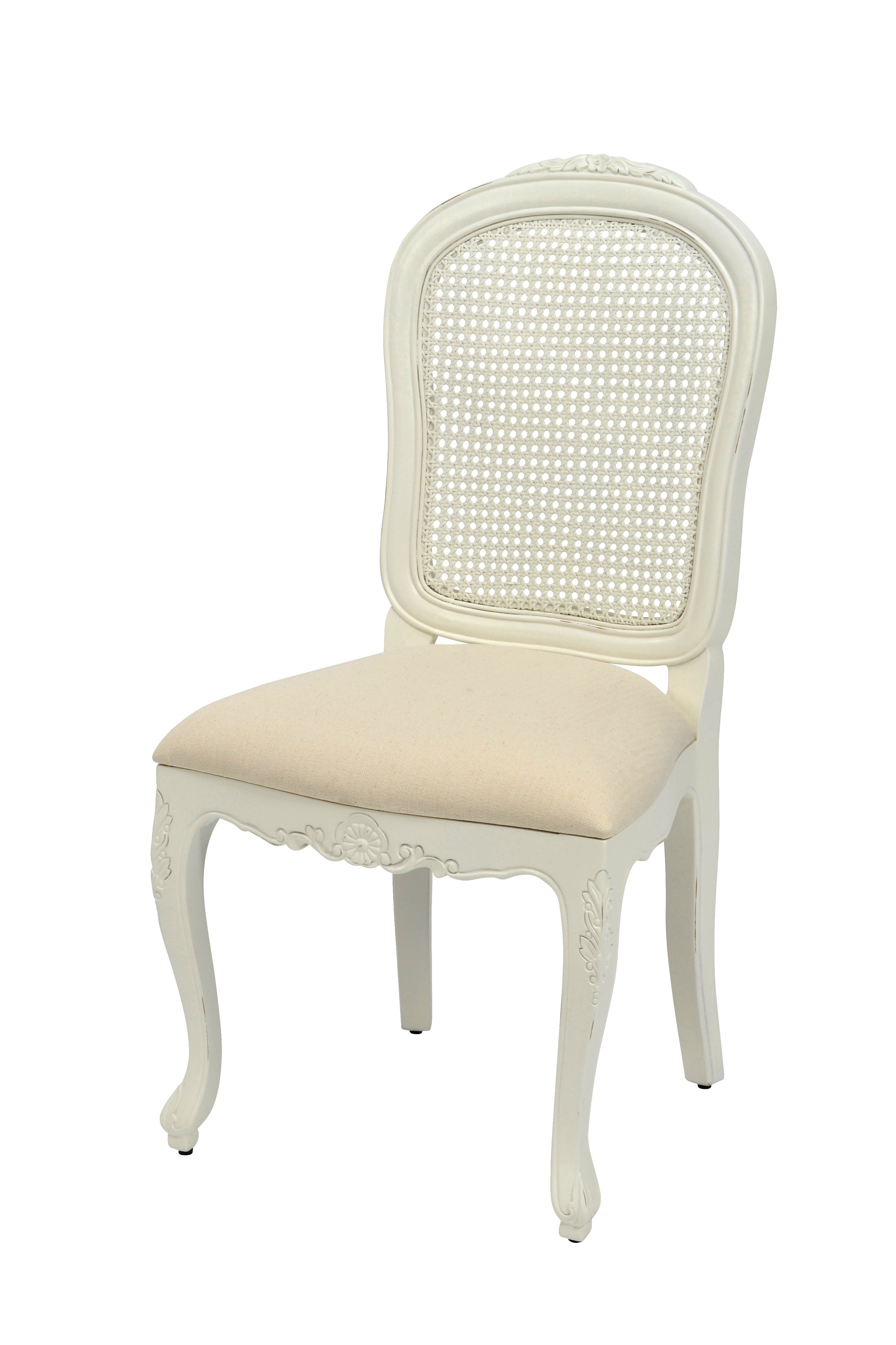 Estila Provensálska masívna biela jedálenská stolička Preciosa s látkovou sedacou časťou a operadlom z ratanu s mahagónovým telom 99cm