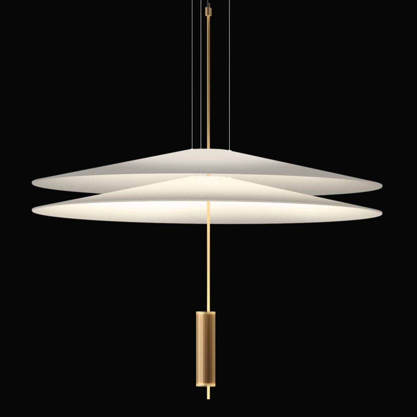 Vibia Flamingo závesné LED 2 tienidlá, zlaté, Obývacia izba / jedáleň, metakrylát, hliník, oceľ, 11.2W, Energialuokka: F