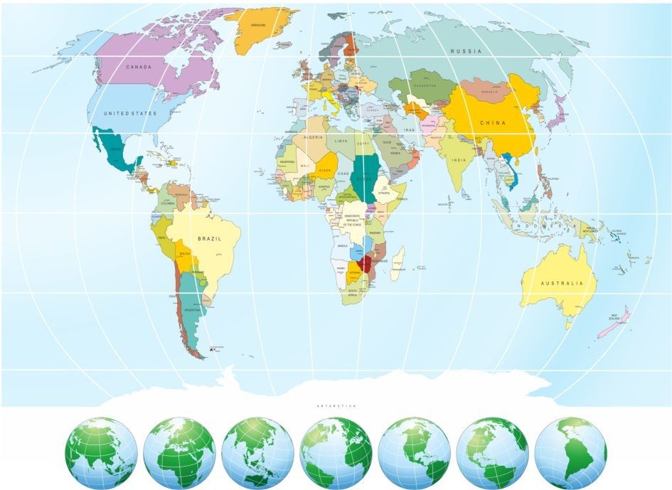 Obrazová fototapety na stenu štvordielna FT 1454 mapa sveta 360 x 270 cm