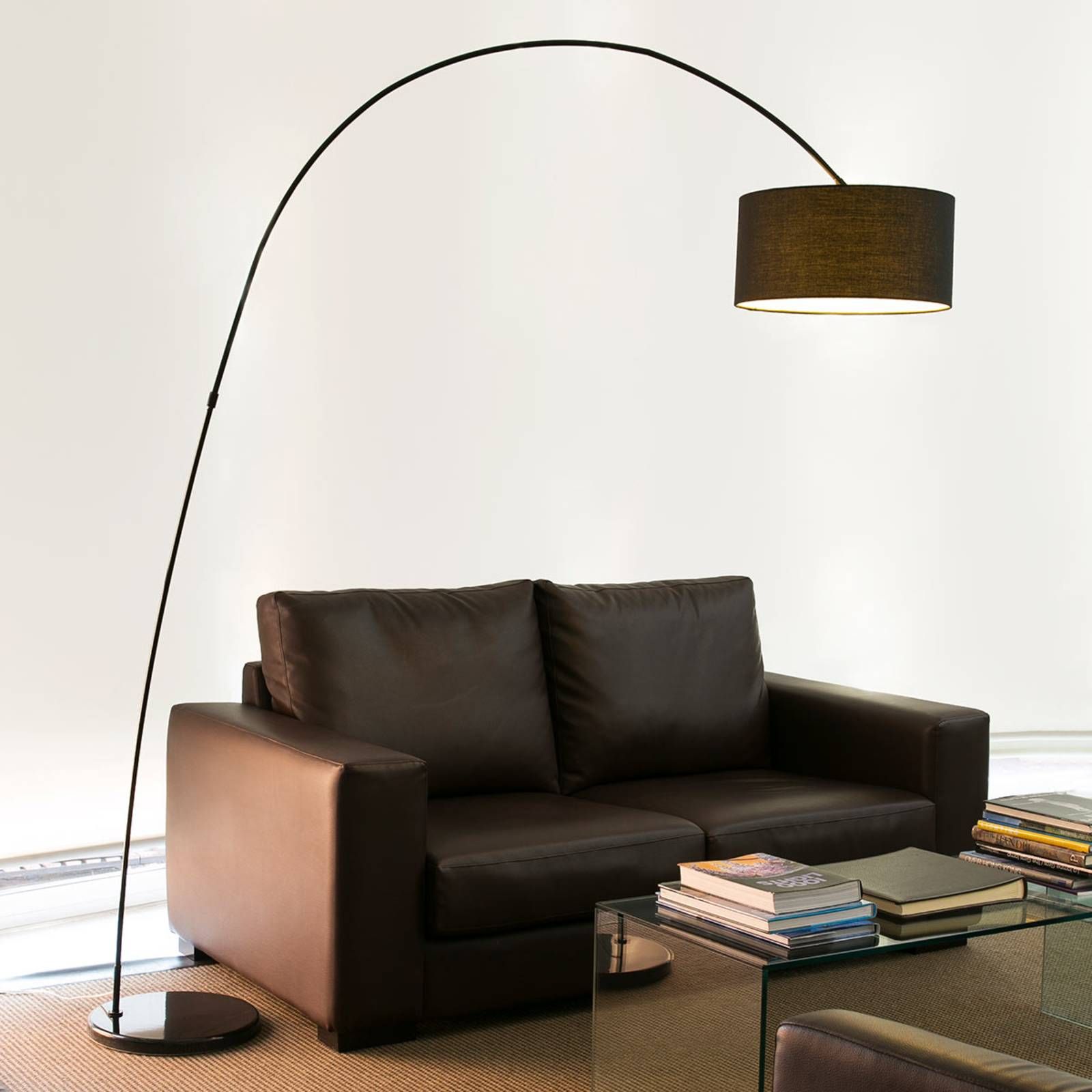 FARO BARCELONA Ozdobné oblúkové svietidlo PAPUA, čierne, Obývacia izba / jedáleň, kov, textil, E27, 15W, K: 200cm