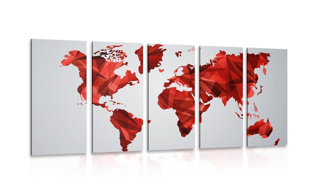 5-dielny obraz mapa sveta v dizajne vektorovej grafiky v červenej farbe