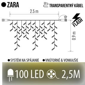 ZARA spojovateľná LED svetelná záclona vonkajšia FLASH - 100LED - 2,5M Teplá biela/Studená biela - transparentný kábel