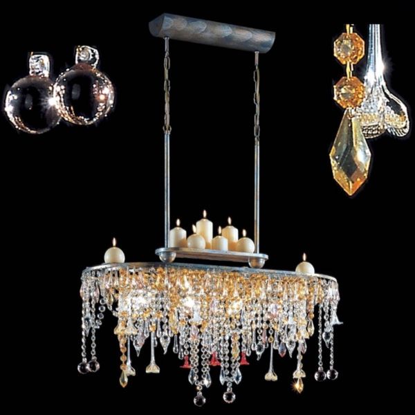 Kögl Sviečková závesná lampa GOLDEN DREAM, Obývacia izba / jedáleň, kov, sklo, kryštál, E14, 60W, P: 80 cm, L: 40 cm