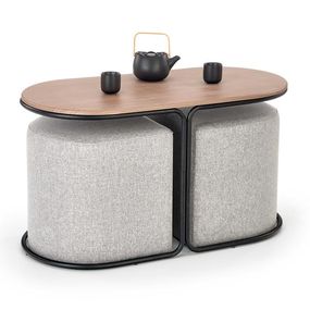 Halmar PAMPA, konferenčný stolík s taburetmi, doska: orech, nohy: čierne, taburet: šedý