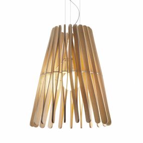 Fabbian Stick drevená závesná lampa, kužeľovitá, Obývacia izba / jedáleň, drevo Ayous, kov, E27, 23W, K: 64cm
